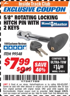 Harbor Freight ITC Coupon 5/8" ROTATING LOCKING HITCH PIN WITH 2 KEYS Lot No. 99548 Expired: 2/28/19 - $7.99