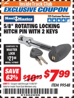 Harbor Freight ITC Coupon 5/8" ROTATING LOCKING HITCH PIN WITH 2 KEYS Lot No. 99548 Expired: 11/30/19 - $7.99