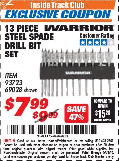 Harbor Freight ITC Coupon 13 PIECE STEEL SPADE DRILL BIT SET Lot No. 69028/93723 Expired: 5/31/18 - $7