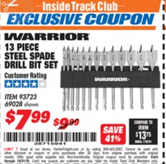 Harbor Freight ITC Coupon 13 PIECE STEEL SPADE DRILL BIT SET Lot No. 69028/93723 Expired: 10/31/18 - $7.99