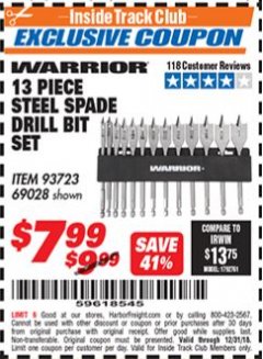 Harbor Freight ITC Coupon 13 PIECE STEEL SPADE DRILL BIT SET Lot No. 69028/93723 Expired: 12/31/18 - $7.99