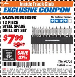 Harbor Freight ITC Coupon 13 PIECE STEEL SPADE DRILL BIT SET Lot No. 69028/93723 Expired: 5/31/19 - $7.99