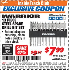 Harbor Freight ITC Coupon 13 PIECE STEEL SPADE DRILL BIT SET Lot No. 69028/93723 Expired: 8/31/19 - $7.99