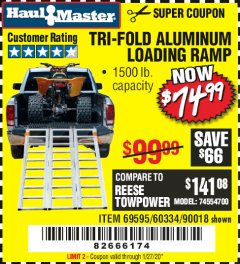 Harbor Freight Coupon SUPER-WIDE TRI-FOLD ALUMINUM LOADING RAMP Lot No. 90018/69595/60334 Expired: 1/27/20 - $74.99