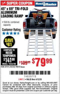 Harbor Freight Coupon SUPER-WIDE TRI-FOLD ALUMINUM LOADING RAMP Lot No. 90018/69595/60334 Expired: 6/30/20 - $79.99