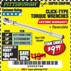 Harbor Freight Coupon TORQUE WRENCHES Lot No. 2696/61277/807/61276/239/62431 Expired: 4/1/19 - $9.99