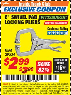 Harbor Freight ITC Coupon 6" SWIVEL PAD LOCKING PLIERS Lot No. 39534 Expired: 11/30/18 - $2.99