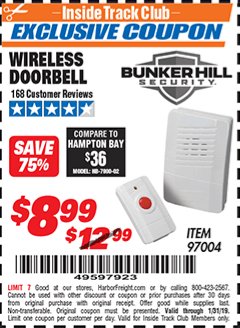 Harbor Freight ITC Coupon WIRELESS DOORBELL Lot No. 97004 Expired: 1/31/19 - $8.98