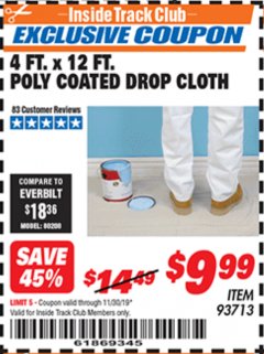 Harbor Freight ITC Coupon 4 FT. x 12 FT. POLY COATED DROP CLOTH Lot No. 93713 Expired: 11/30/19 - $9.99