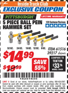 Harbor Freight ITC Coupon 5 PIECE BALL PEIN HAMMER SET Lot No. 39217 Expired: 2/28/19 - $14.99