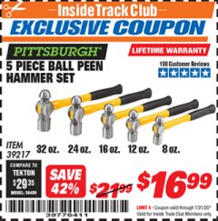 Harbor Freight ITC Coupon 5 PIECE BALL PEIN HAMMER SET Lot No. 39217 Expired: 1/31/20 - $16.99