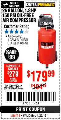 Harbor Freight Coupon 1.8 HP, 26 GALLON, 150 PSI OILLESS AIR COMPRESSOR Lot No. 69669/68067/69090/62629 Expired: 1/20/19 - $179.99