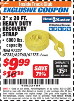 Harbor Freight ITC Coupon 2" X 20 FT. HEAVY DUTY RECOVERY STRAP Lot No. 67232/61175/62760 Expired: 4/30/19 - $9.99