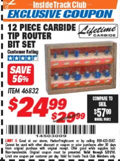 Harbor Freight ITC Coupon 12 PIECE CARBIDE TIP ROUTER BITS Lot No. 46832 Expired: 5/31/18 - $24.99