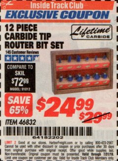 Harbor Freight ITC Coupon 12 PIECE CARBIDE TIP ROUTER BITS Lot No. 46832 Expired: 7/31/19 - $24.99