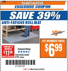 Harbor Freight ITC Coupon ANTI-FATIGUE ROLL MAT Lot No. 61241/62205/62407 Expired: 6/19/18 - $6.99