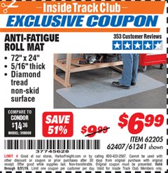 Harbor Freight ITC Coupon ANTI-FATIGUE ROLL MAT Lot No. 61241/62205/62407 Expired: 8/31/19 - $6.99