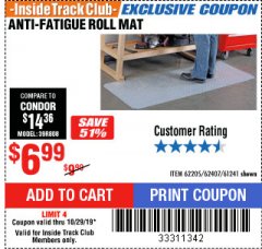 Harbor Freight ITC Coupon ANTI-FATIGUE ROLL MAT Lot No. 61241/62205/62407 Expired: 10/29/19 - $6.99