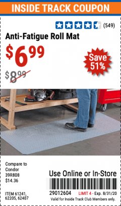 Harbor Freight ITC Coupon ANTI-FATIGUE ROLL MAT Lot No. 61241/62205/62407 Expired: 8/31/20 - $6.99