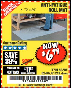 Harbor Freight Coupon ANTI-FATIGUE ROLL MAT Lot No. 61241/62205/62407 Expired: 3/30/19 - $6.99