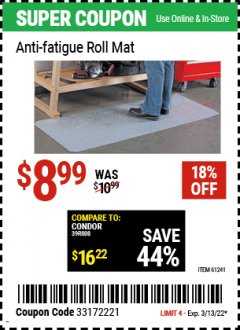 Harbor Freight Coupon ANTI-FATIGUE ROLL MAT Lot No. 61241/62205/62407 Expired: 3/13/22 - $8.99