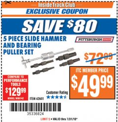 Harbor Freight ITC Coupon 5 PIECE SLIDE HAMMER AND BEARING PULLER SET Lot No. 62601/95987 Expired: 7/31/18 - $49.99