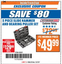 Harbor Freight ITC Coupon 5 PIECE SLIDE HAMMER AND BEARING PULLER SET Lot No. 62601/95987 Expired: 1/2/19 - $49.99