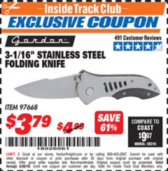 Harbor Freight ITC Coupon 3-1/16" STAINLESS STEEL FOLDING KNIFE Lot No. 97668 Expired: 4/30/19 - $3.79