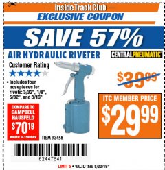 Harbor Freight ITC Coupon 3/16" AIR HYDRAULIC RIVETER Lot No. 93458 Expired: 5/22/18 - $29.99