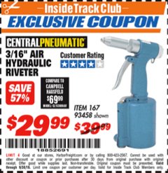 Harbor Freight ITC Coupon 3/16" AIR HYDRAULIC RIVETER Lot No. 93458 Expired: 9/30/18 - $29.99