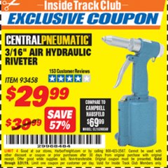 Harbor Freight ITC Coupon 3/16" AIR HYDRAULIC RIVETER Lot No. 93458 Expired: 3/31/19 - $29.99