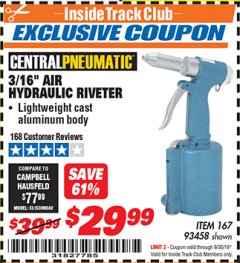 Harbor Freight ITC Coupon 3/16" AIR HYDRAULIC RIVETER Lot No. 93458 Expired: 9/30/19 - $29.99