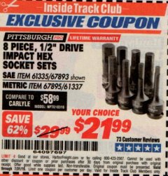 Harbor Freight ITC Coupon 8 PIECE 1/2" DRIVE IMPACT HEX SOCKET SETS Lot No. 61335/67893/67895/61337 Expired: 7/31/19 - $21.99