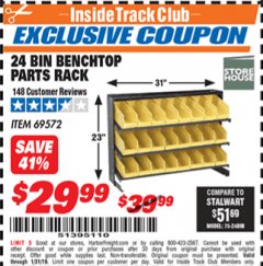 Harbor Freight ITC Coupon 24 BIN BENCH TOP PARTS RACK Lot No. 69572/95496 Expired: 1/31/19 - $29.99
