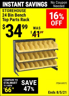 Harbor Freight Coupon 24 BIN BENCH TOP PARTS RACK Lot No. 69572/95496 Expired: 8/5/21 - $34.99