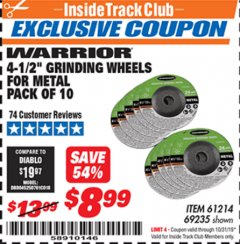 Harbor Freight ITC Coupon 10 PIECE, 4-1/2" GRINDING WHEEL FOR METAL Lot No. 6674/69235/61214 Expired: 10/31/19 - $8.99