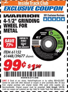 Harbor Freight ITC Coupon 4-1/2" GRINDING WHEEL FOR METAL Lot No. 39677/61152/61448 Expired: 1/31/19 - $0.99