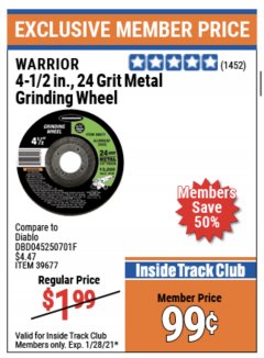 Harbor Freight ITC Coupon 4-1/2" GRINDING WHEEL FOR METAL Lot No. 39677/61152/61448 Expired: 1/28/21 - $0.99