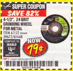 Harbor Freight Coupon 4-1/2" GRINDING WHEEL FOR METAL Lot No. 39677/61152/61448 Expired: 6/30/18 - $0.79