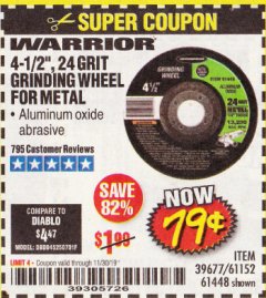 Harbor Freight Coupon 4-1/2" GRINDING WHEEL FOR METAL Lot No. 39677/61152/61448 Expired: 11/30/19 - $0.79