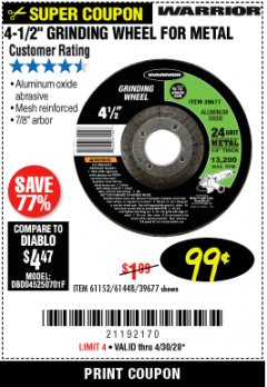 Harbor Freight Coupon 4-1/2" GRINDING WHEEL FOR METAL Lot No. 39677/61152/61448 Expired: 6/30/20 - $0.99