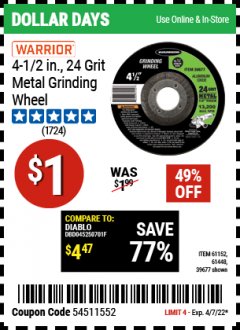 Harbor Freight Coupon 4-1/2" GRINDING WHEEL FOR METAL Lot No. 39677/61152/61448 Expired: 4/7/22 - $1