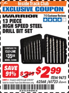 Harbor Freight ITC Coupon 13 PIECE HIGH SPEED STEEL DRILL BIT SET Lot No. 9475/61723/62568 Expired: 4/30/20 - $2.99