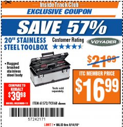 Harbor Freight ITC Coupon 20" STAINLESS STEEL TOOLBOX Lot No. 61572/93168 Expired: 8/14/18 - $16.99