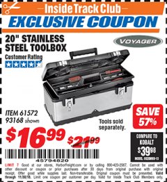 Harbor Freight ITC Coupon 20" STAINLESS STEEL TOOLBOX Lot No. 61572/93168 Expired: 11/30/18 - $16.99