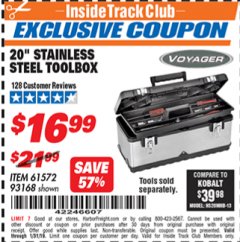 Harbor Freight ITC Coupon 20" STAINLESS STEEL TOOLBOX Lot No. 61572/93168 Expired: 1/31/19 - $16.99