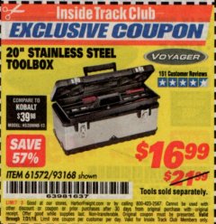 Harbor Freight ITC Coupon 20" STAINLESS STEEL TOOLBOX Lot No. 61572/93168 Expired: 7/31/19 - $16.99