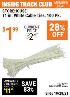 Harbor Freight ITC Coupon 11" CABLE TIES PACK OF 100 Lot No. 34636/69404/60266/34637/69405/60277 Expired: 10/28/21 - $1.99
