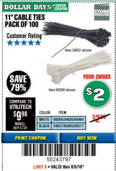 Harbor Freight Coupon 11" CABLE TIES PACK OF 100 Lot No. 34636/69404/60266/34637/69405/60277 Expired: 8/5/18 - $2
