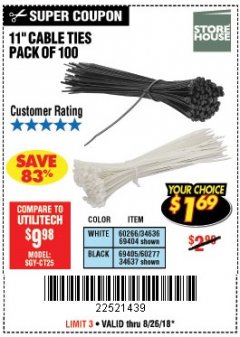 Harbor Freight Coupon 11" CABLE TIES PACK OF 100 Lot No. 34636/69404/60266/34637/69405/60277 Expired: 8/26/18 - $1.69